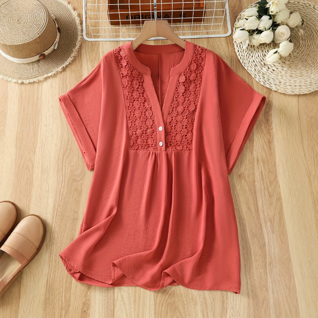 Womens Solid-Color Lace V-Neck Short-Sleeve Top With Buttons by Ricaloux