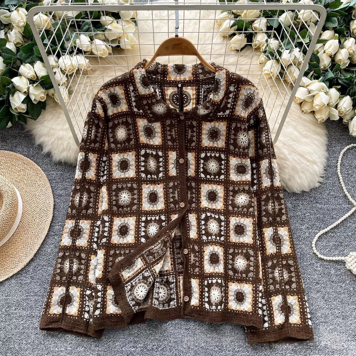 French-style Elegant Crocheted Floral Plaid Cardigan With A Lapel by Ricaloux