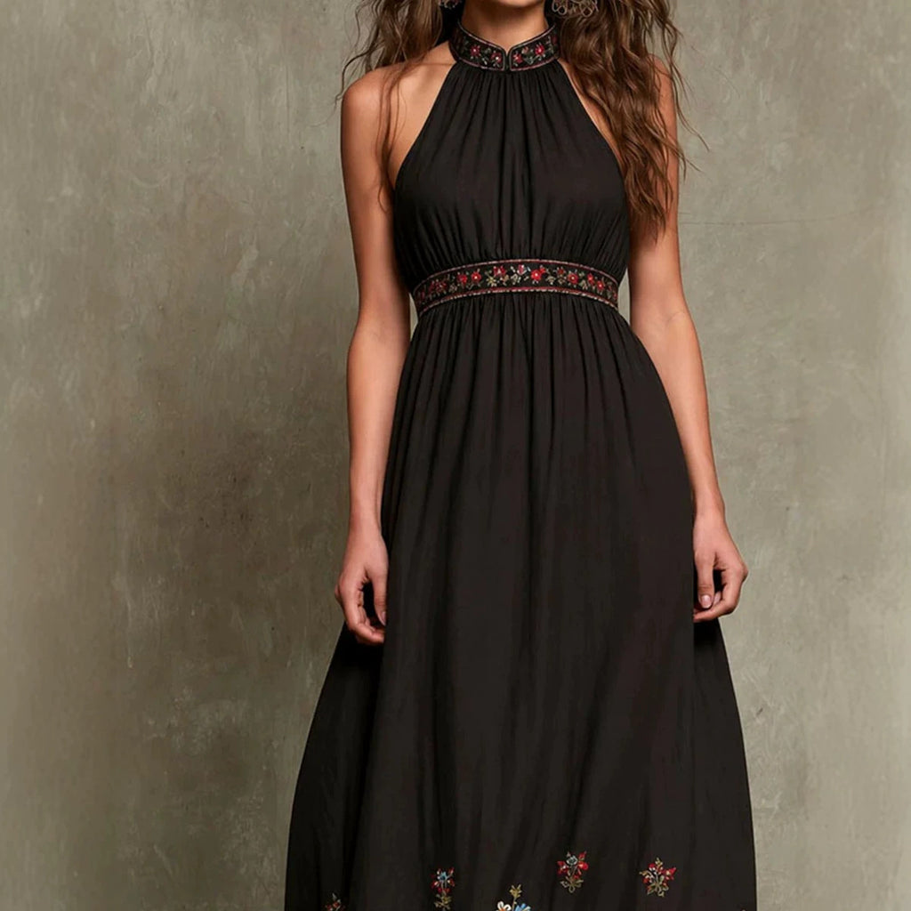 Vintage Elegant Halterneck Embroidered Print Dress For Women – Premium 0 | RICALOUX