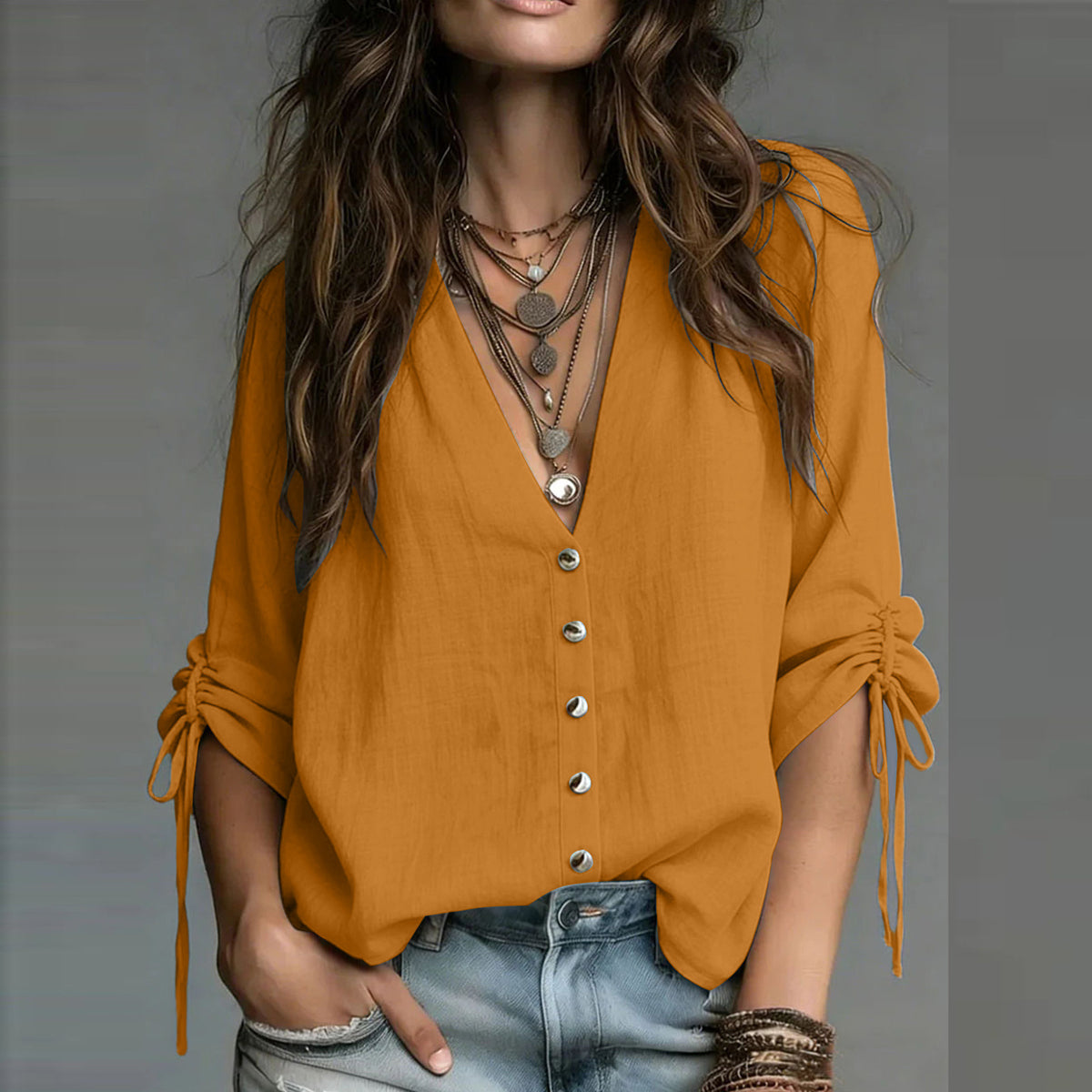 Womens Casual Solid-Color Long-Sleeve Top With A Relaxed V-Neck by Ricaloux