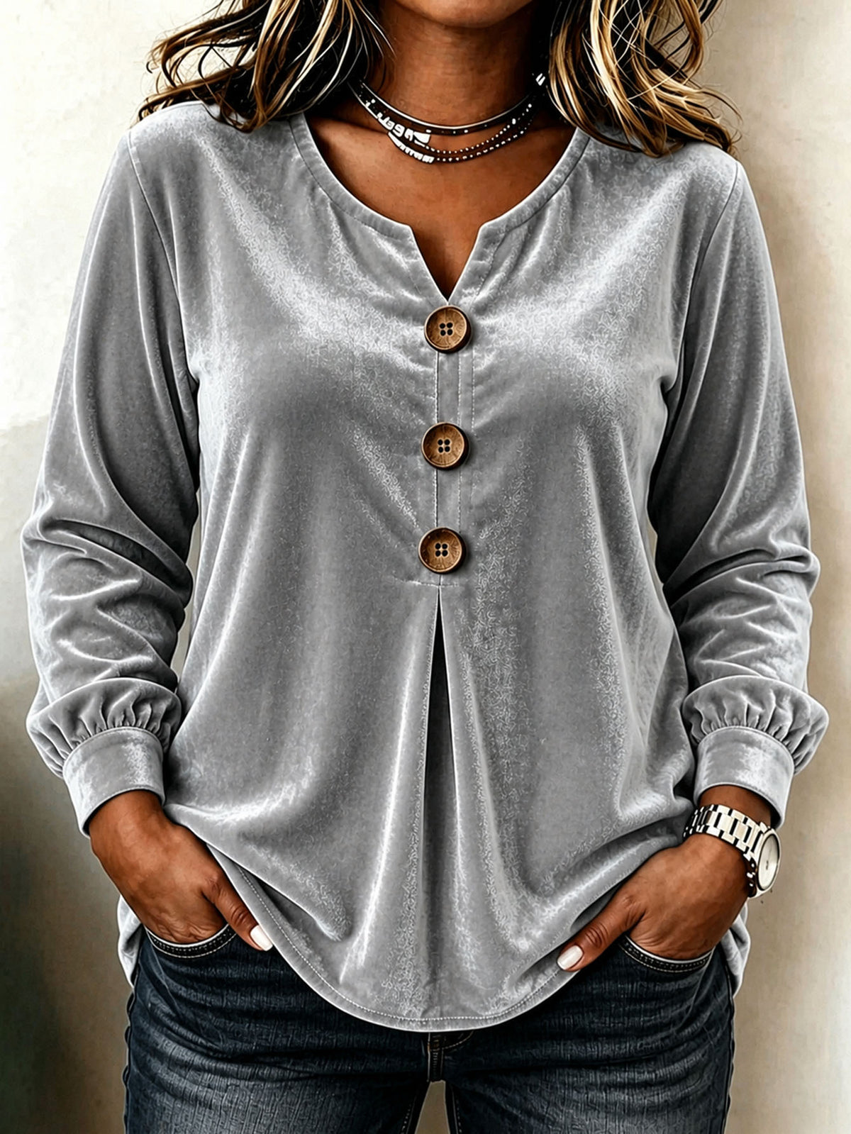 Elegant V-neck Buttoned Long-sleeve Velvet Blouse For Women – Premium 0 | RICALOUX
