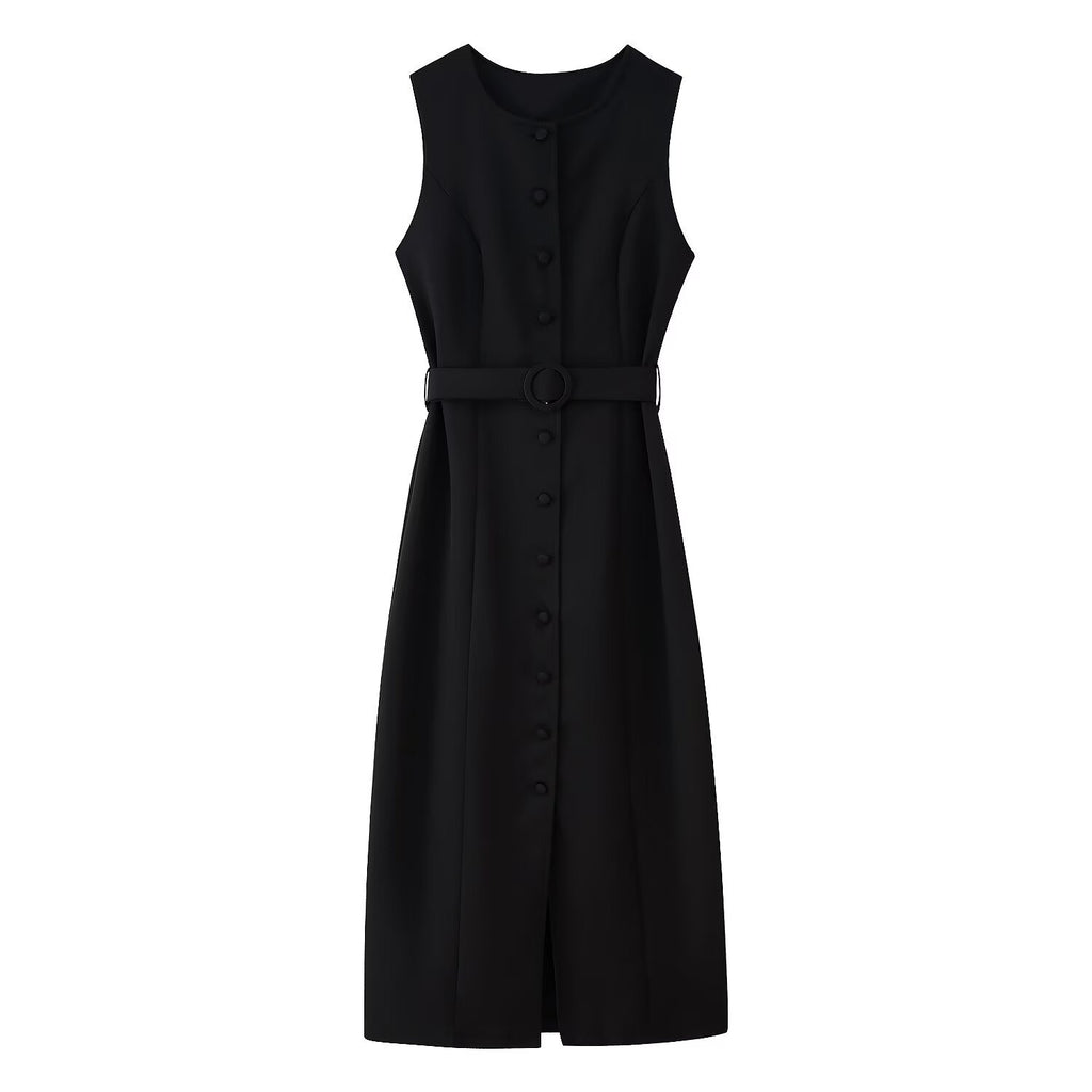 Round-neck Sleeveless Dress With A Belt And Single-breasted Buttons by Ricaloux