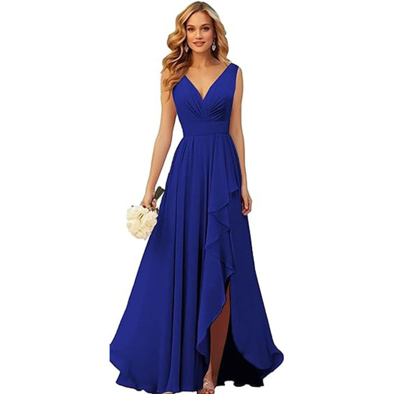 V-neck Pleated Slit Chiffon Dress With Tie Straps – Premium 0 | RICALOUX
