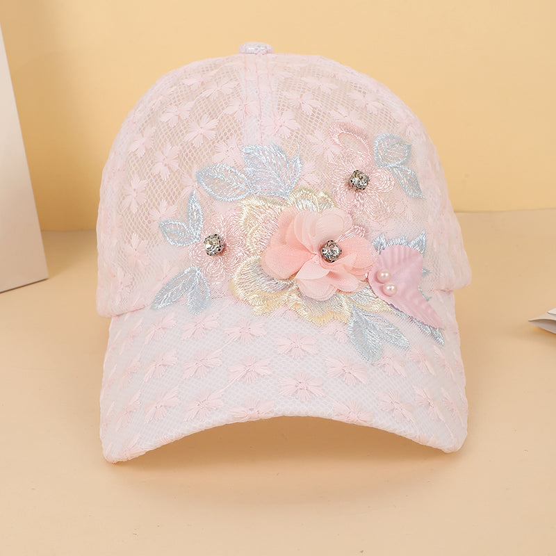 Summer Women's Powder-white Netting Lace Pearl Flower-decorated Adjustable Back-buttoned Fresh And Sweet Style Baseball Cap by Ricaloux