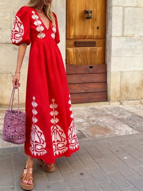 Womens Loose-fitting Casual Dress With Puff Sleeves And A Back-cutout Design by Ricaloux