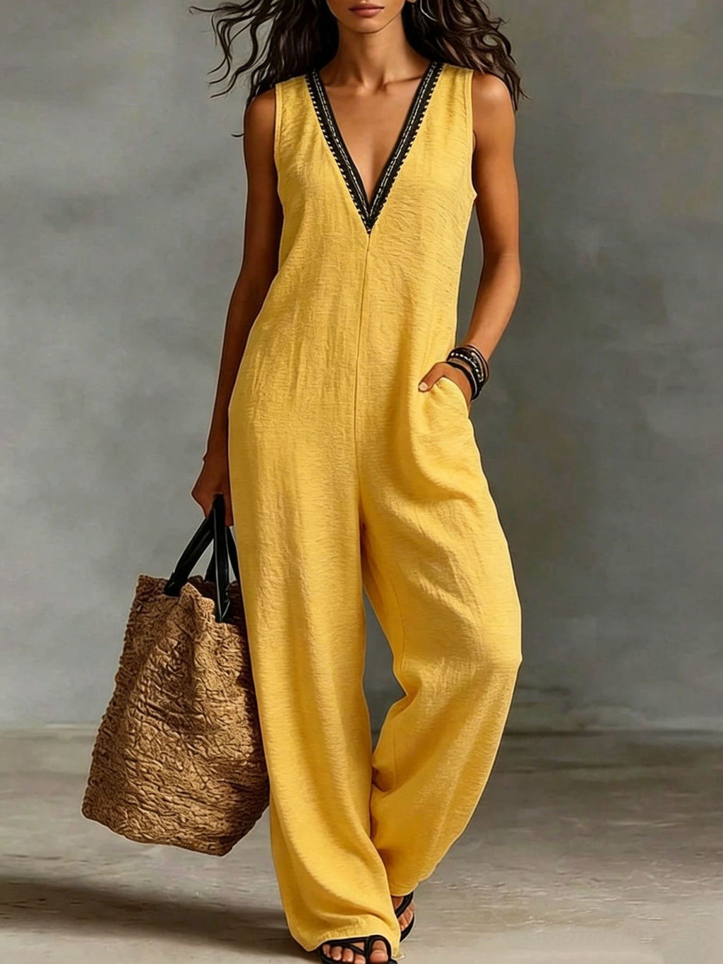 New Womens V-neck Sleeveless Wide-leg Jumpsuit – Premium 0 | RICALOUX