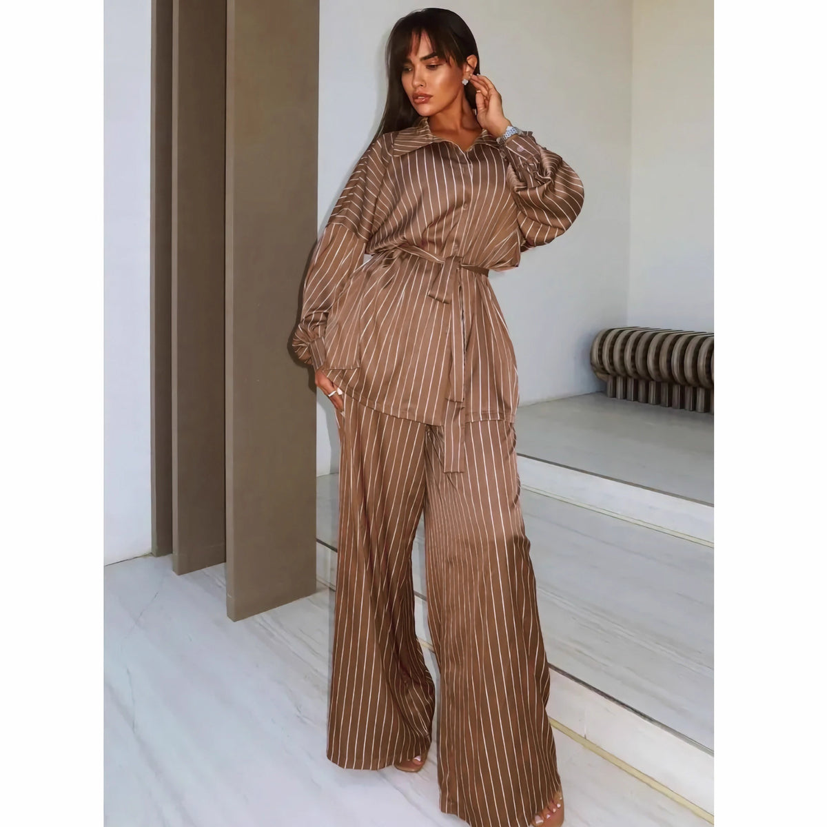 Fashionable Striped Long-sleeve Shirt Cardigan And Wide-leg Pants Two-piece Set by Ricaloux
