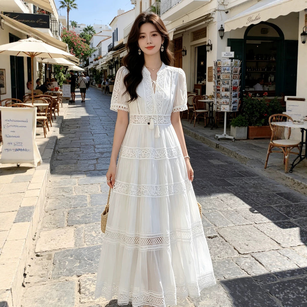 Womens French-style Intricately Crafted Lace Hollow-out V-neck Dress – Premium 0 | RICALOUX