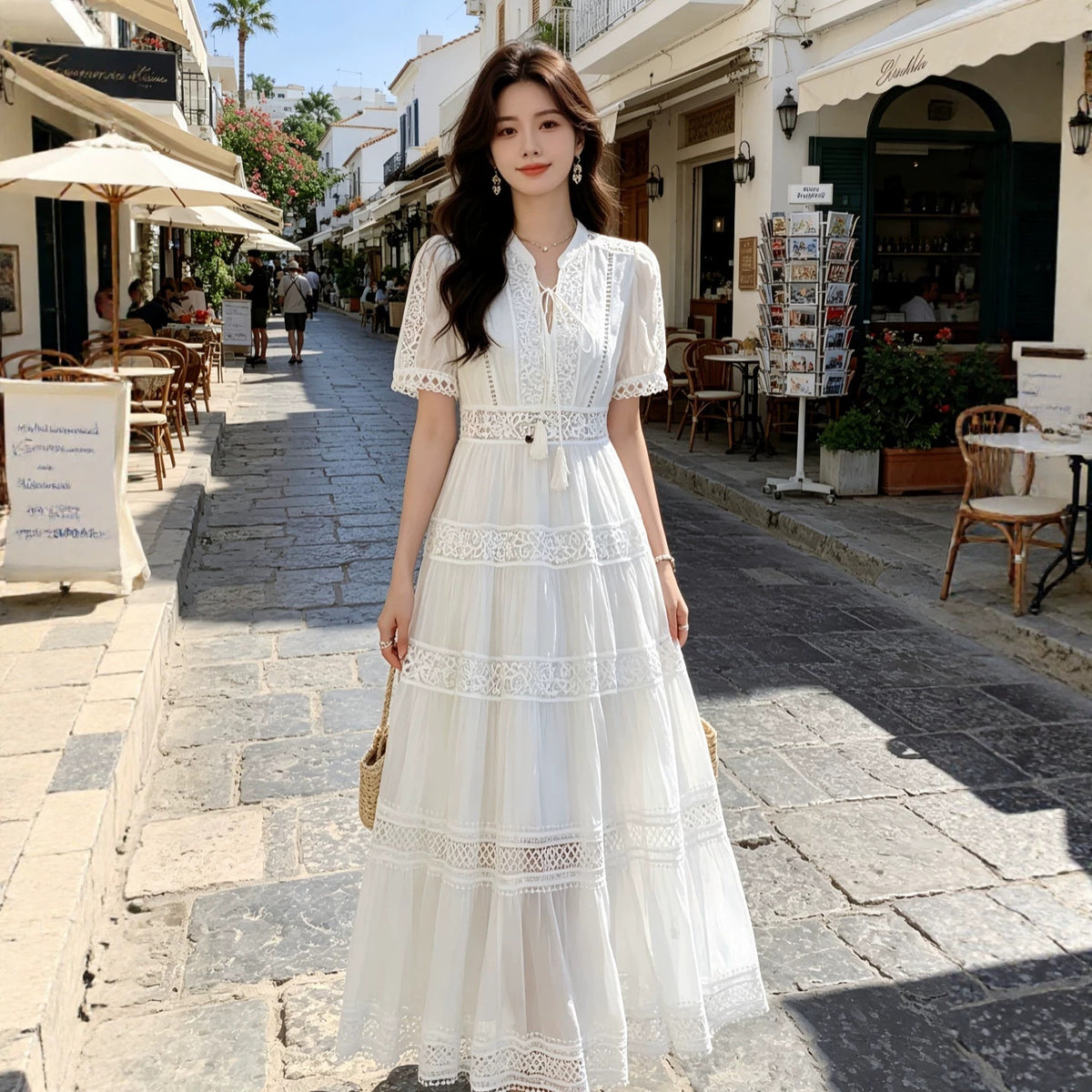 Womens French-style Intricately Crafted Lace Hollow-out V-neck Dress – Premium 0 | RICALOUX