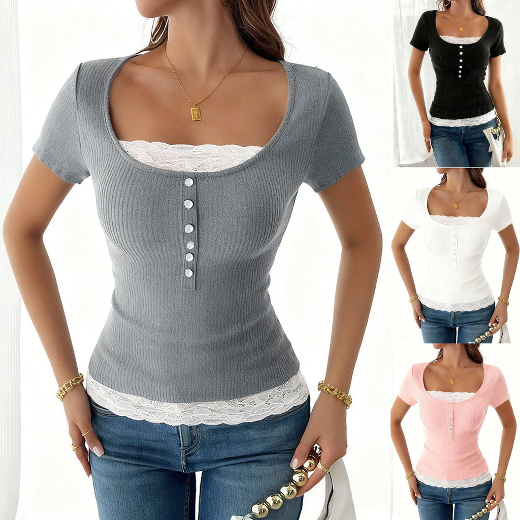 Fashionable Short-sleeve T-shirt Womens Lace Top Style by Ricaloux
