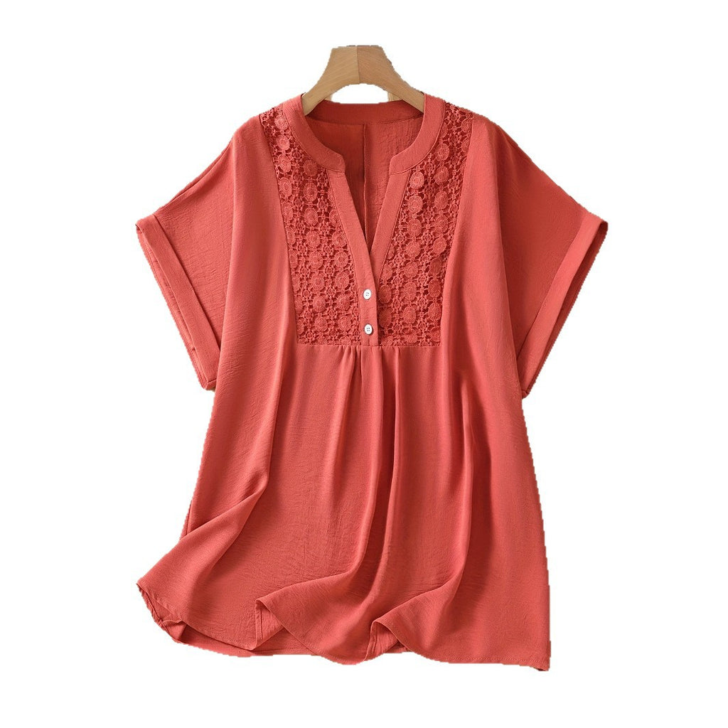 Womens Solid-Color Lace V-Neck Short-Sleeve Top With Buttons by Ricaloux