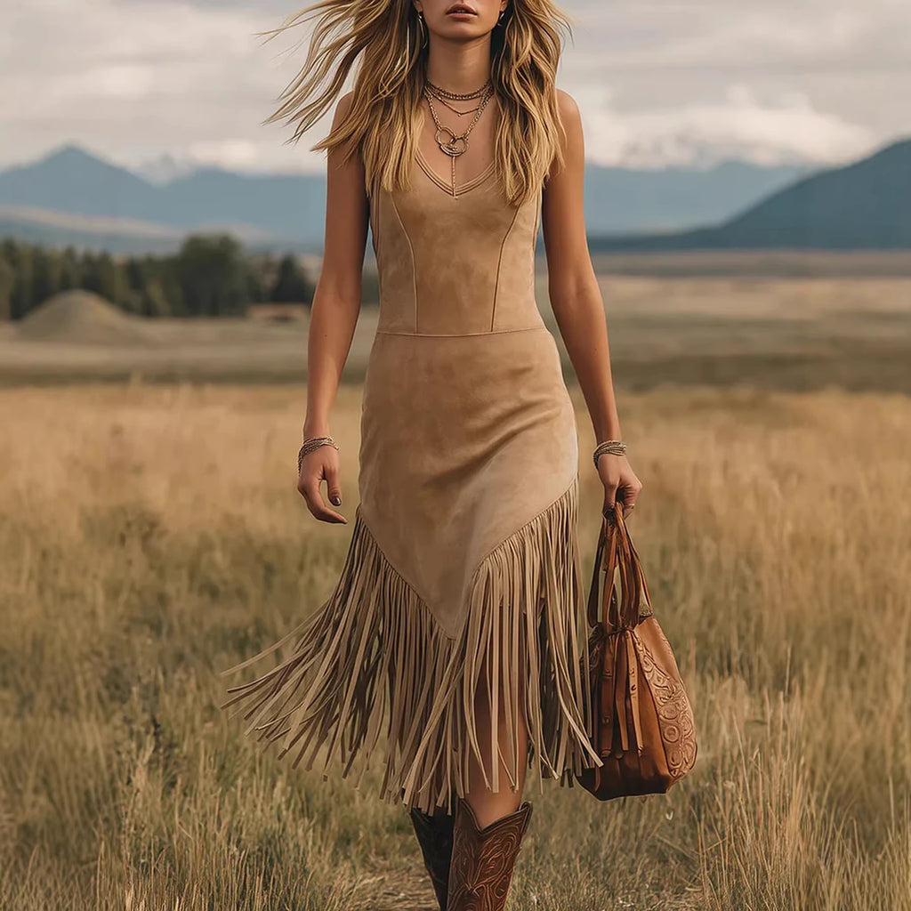 Suede Western Style Tassel Dress by Ricaloux