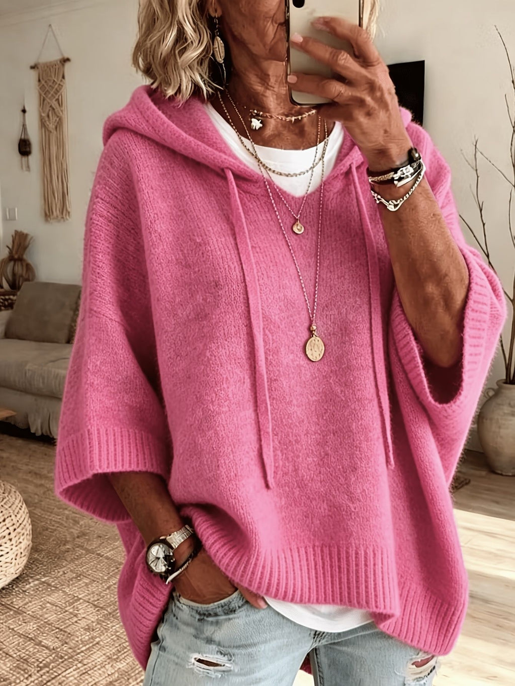 Womens Knitted New-Style Hooded Drawstring Sweater by Ricaloux