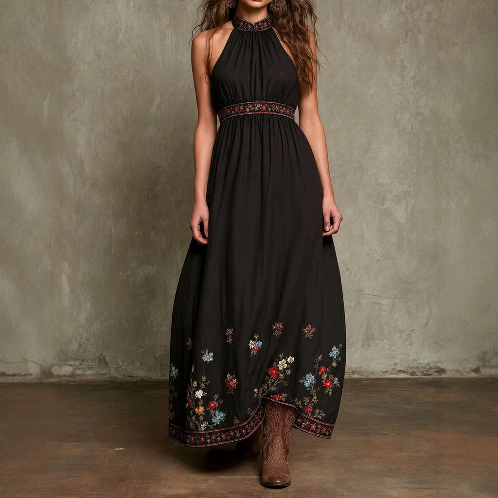 Vintage Elegant Halterneck Embroidered Print Dress For Women – Premium 0 | RICALOUX