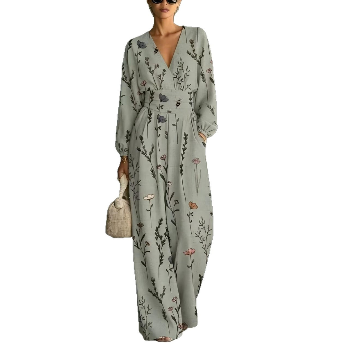 V-neck Long-sleeve Womens Printed Jumpsuit by Ricaloux