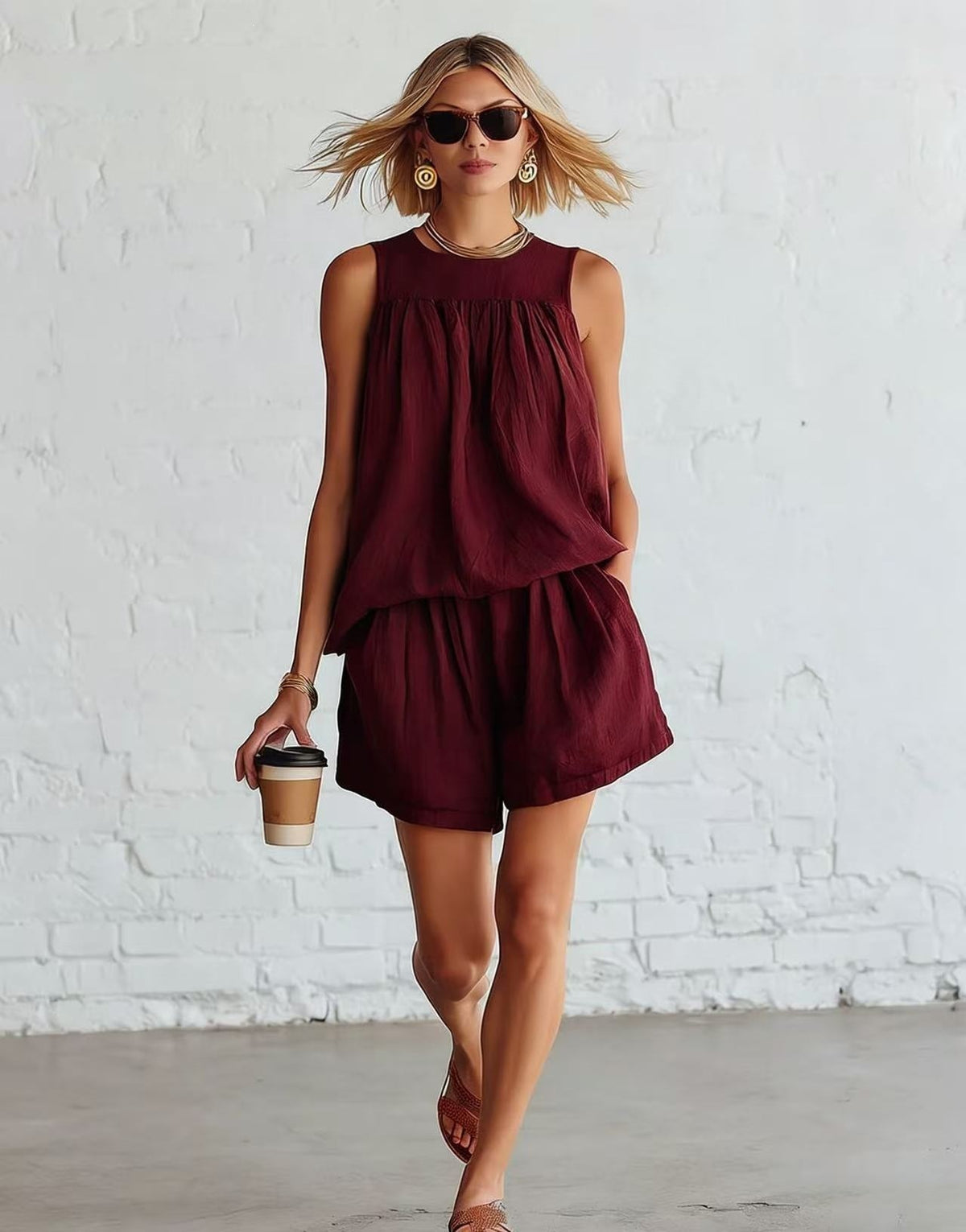 Retro Sleeveless Pleated Top And Wide-leg Shorts Set – Premium 0 | RICALOUX