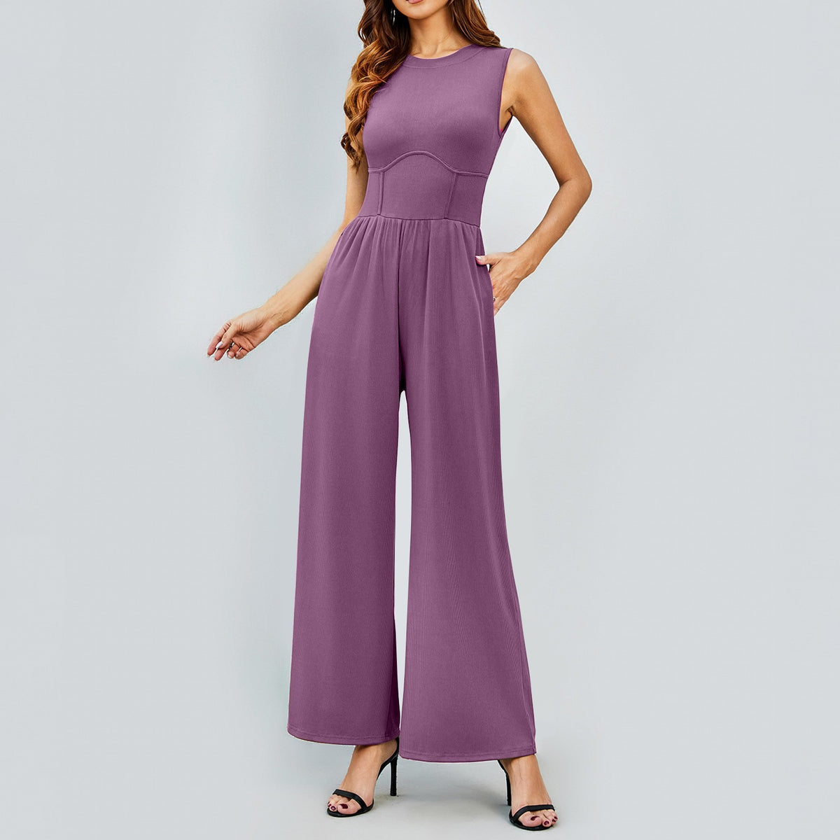 Womens Round-neck Solid-color Sleeveless Slim-fit Long Casual Jumpsuit by Ricaloux