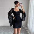 Bell Sleeve Split Solid Color Lace Stitching Square Collar Hip Dress - RICALOUX
