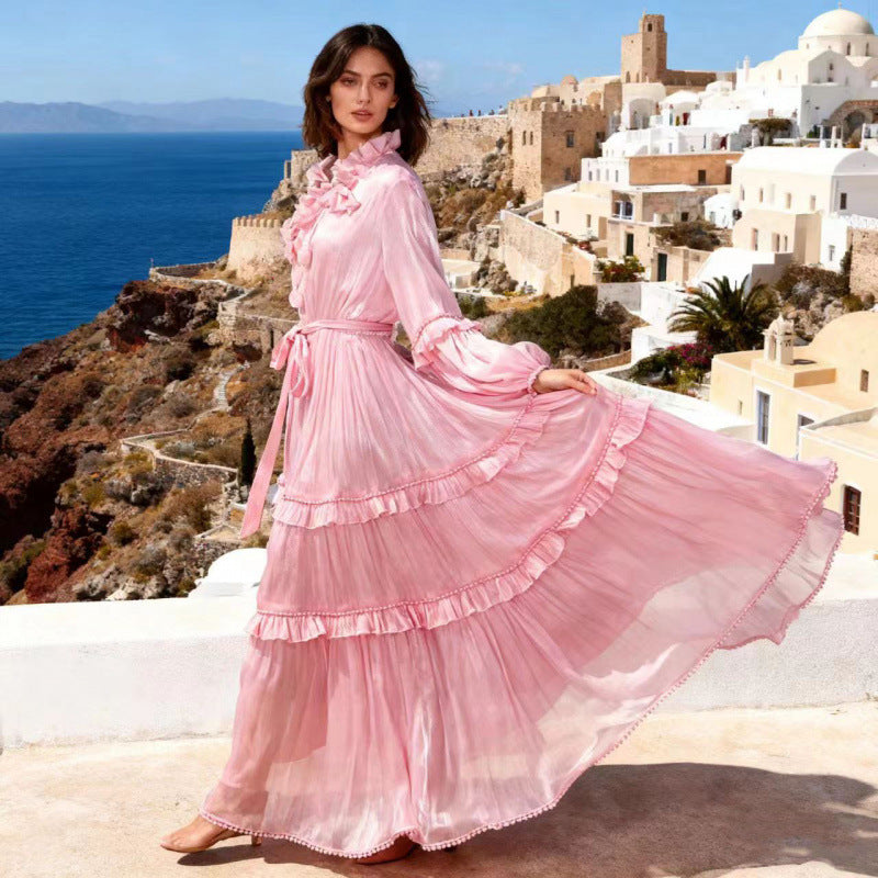 Pearl-trimmed Ruffled Flounce Solid-color Long Dress by Ricaloux