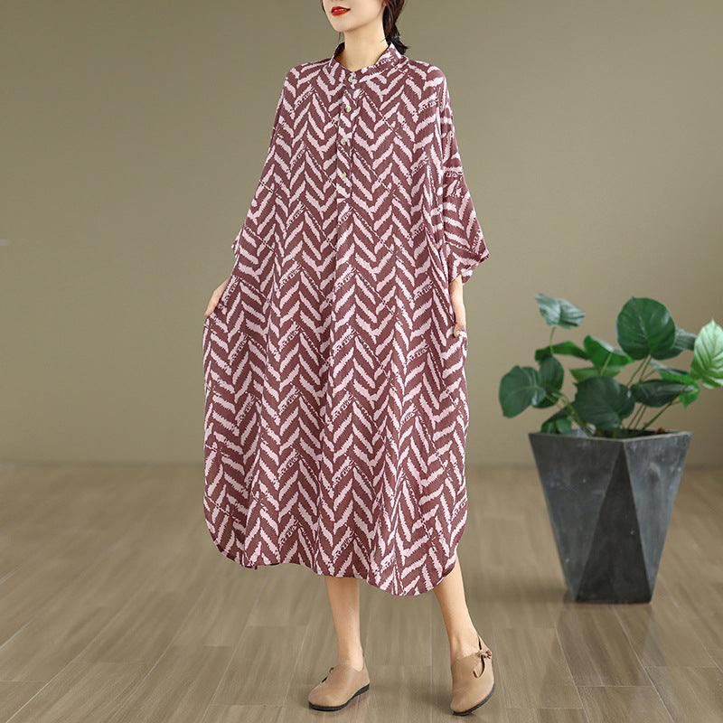 Cotton-linen Printed Mandarin-collar Loose-fit Maxi-length Resort Dress – Premium 0 | RICALOUX