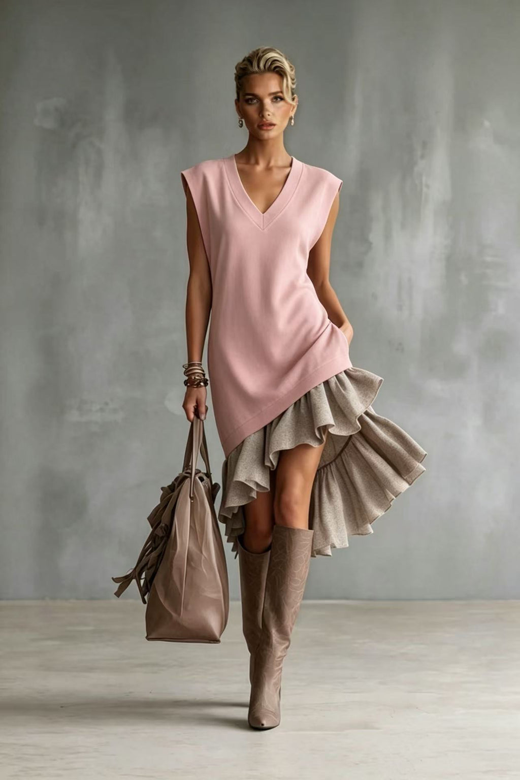 Solid-color Casual European-American Style Flounced Midi Skirt by Ricaloux
