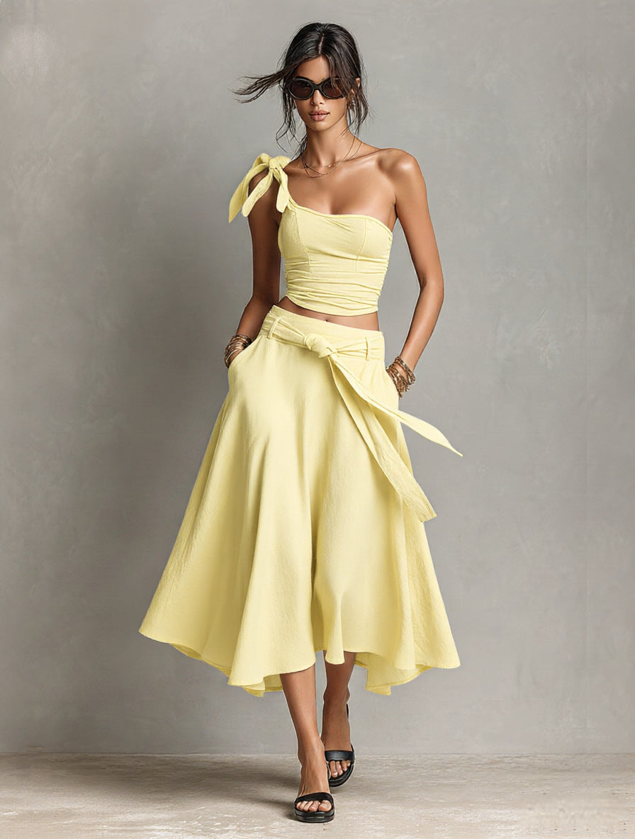 Off-Shoulder Strap Top With Slanted Shoulders High-Waisted A-Line Long Skirt Womens Set – Premium 0 | RICALOUX