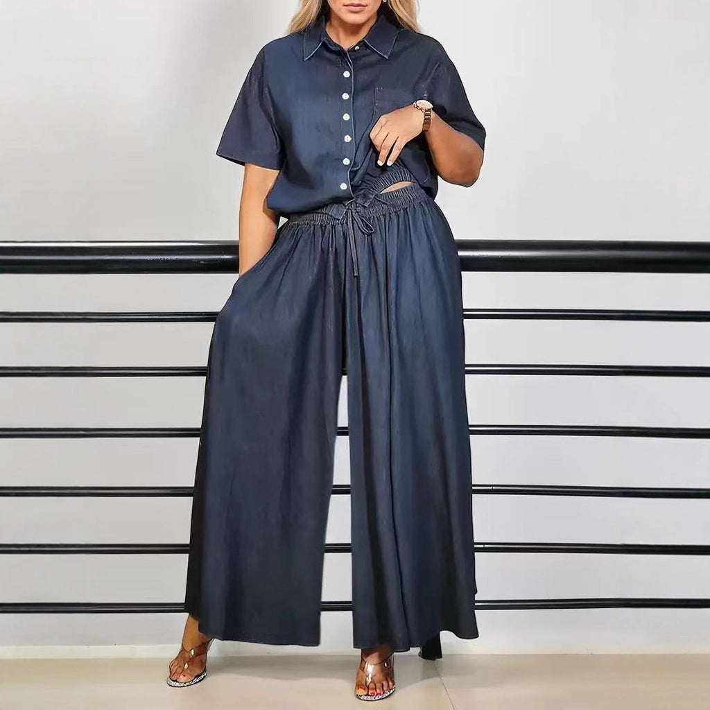 Womens Fashionable Loose Casual Solid-Color Two-Piece Set Short-Sleeve Top And Wide-Leg Long Pants by Ricaloux