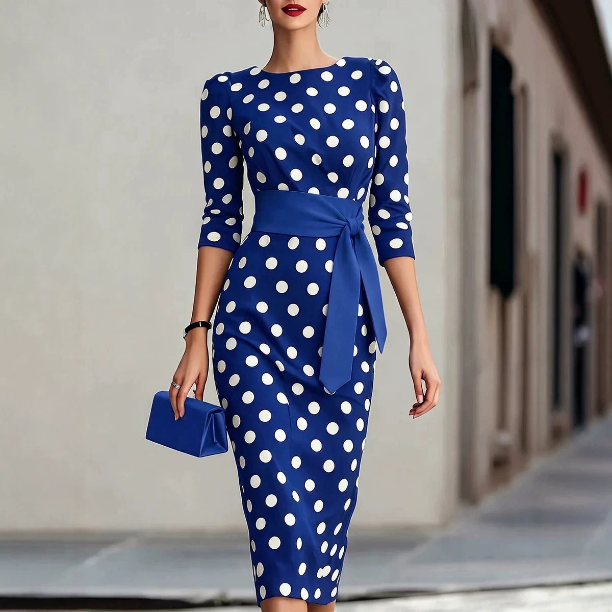 Women Elegant Black White Polka Dot Midi Dress With Waist Belt Three-Quarter Sleeve O Neck Pencil Bodycon Formal Work Office Party Dress by Ricaloux