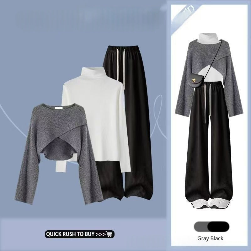 Knitted Sweater With A Base Layer And Casual Wide-leg Pantsthree-piece Set by Ricaloux