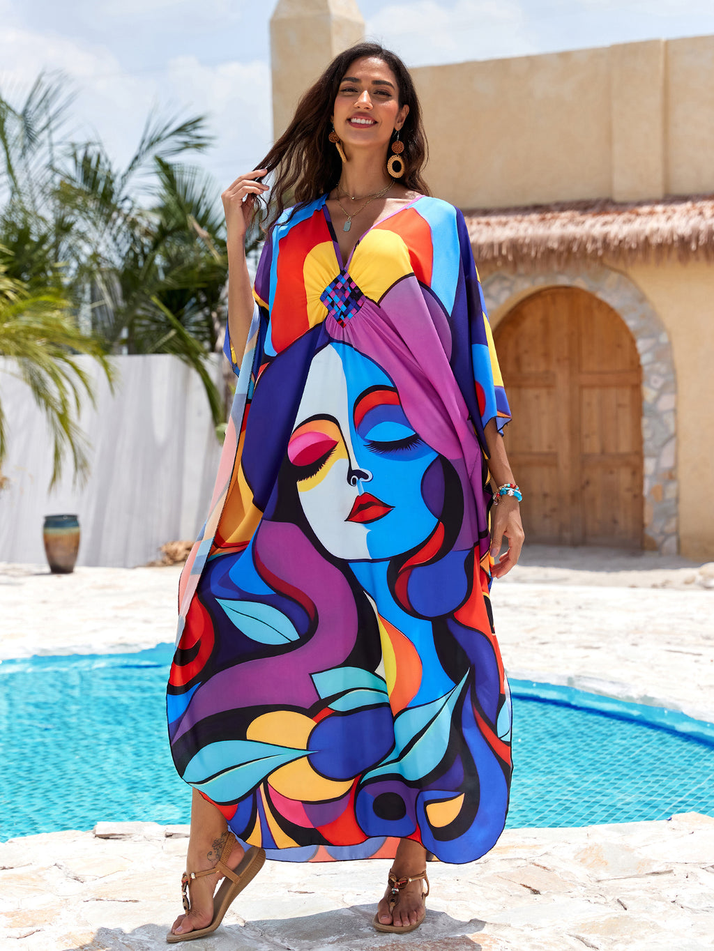 Printed Beach Cover-up Hand-knitted V-neck Plus-size Dress by Ricaloux