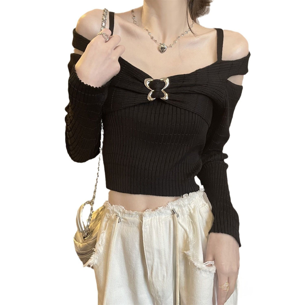 Alluring Long-sleeve Knit Top With A One-shoulder Design by Ricaloux
