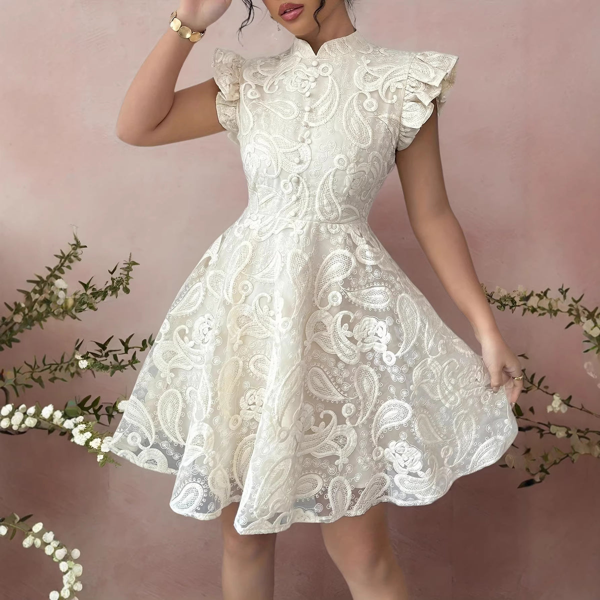 Lace Stand-collar Mini-sleeve Dress For Women by Ricaloux