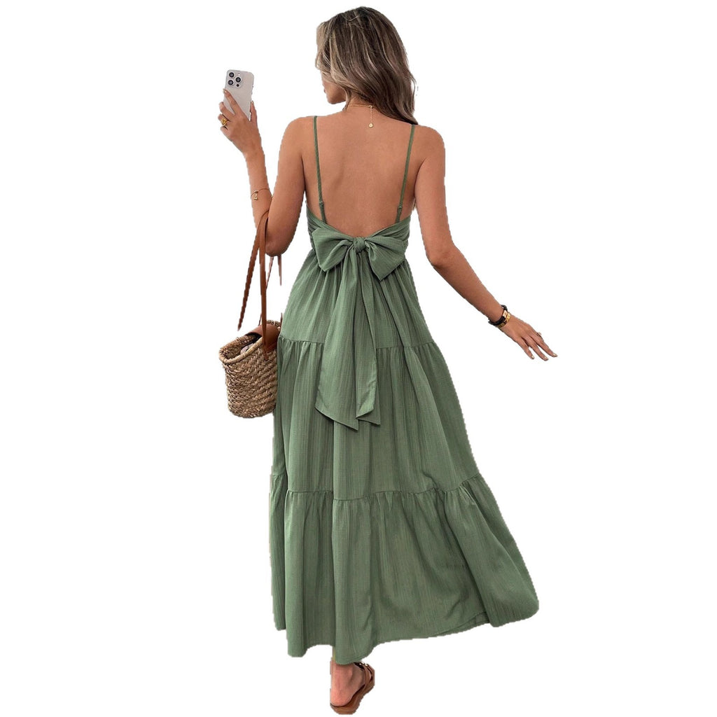 Backless Spaghetti-strap Tiered Maxi Dress With A Tie And A Large Bow At The Waist - RICALOUX