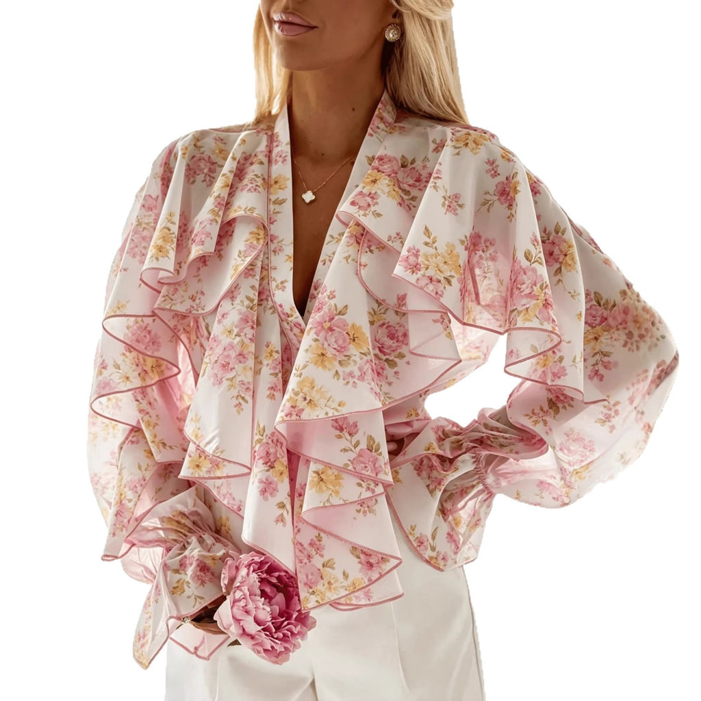 Ruffled Chiffon Blouse Womens Casual Top by Ricaloux