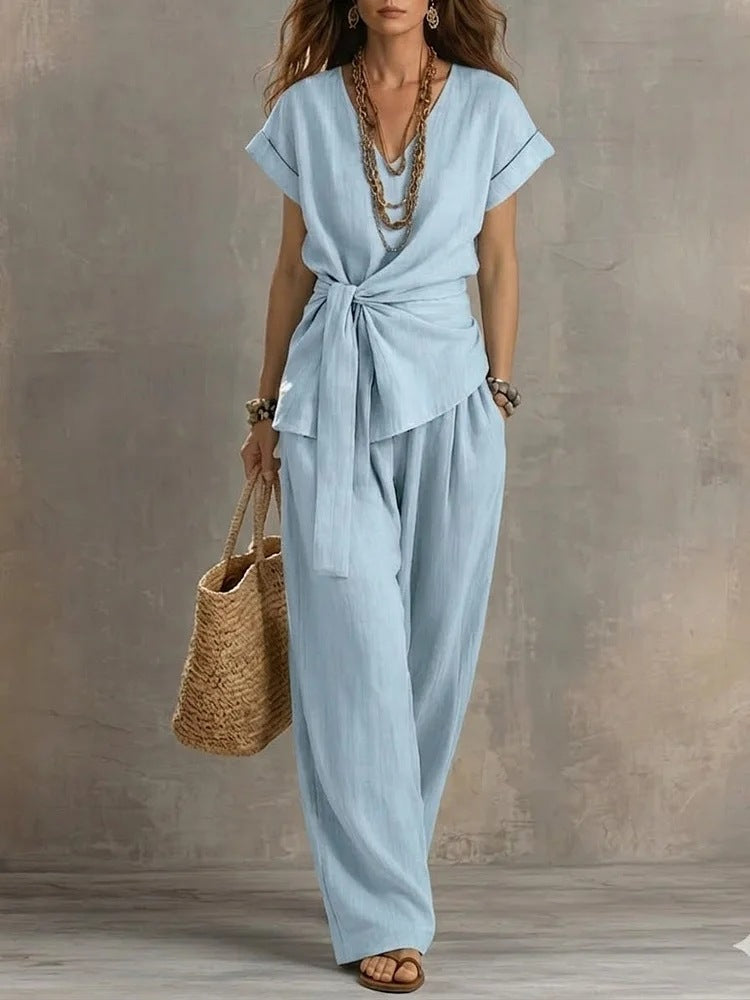 Waist-cinched V-neck Top And Solid-color Casual Pants Set – Premium 0 | RICALOUX