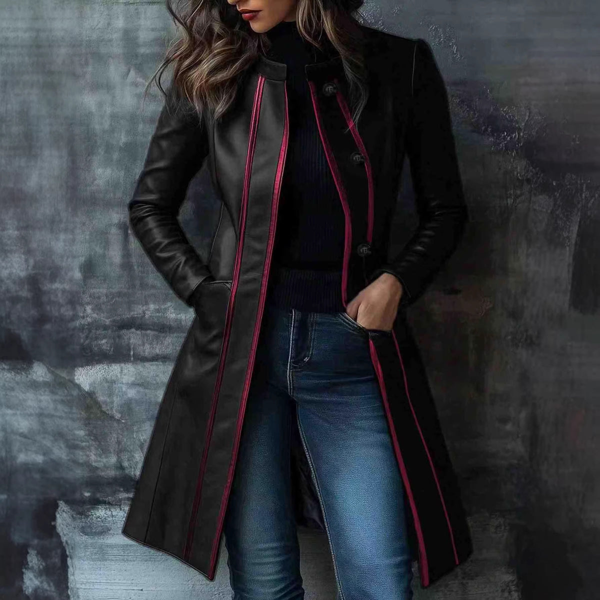 Retro Black Color-block Collar Leather Jacket Trench Coat – Premium 0 | RICALOUX