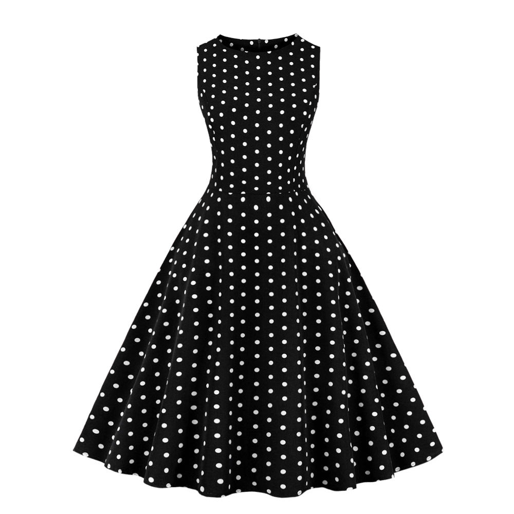 Retro Summer Round-neck Sleeveless A-line Dress With A Small Polka-dot Print And A Slim Fit by Ricaloux