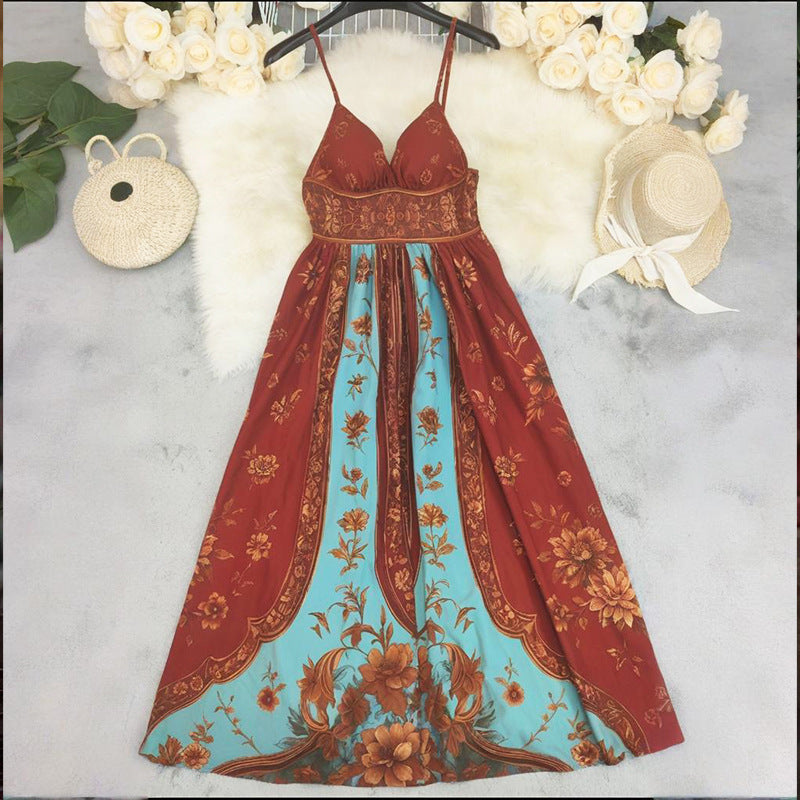Tube Top Backless Suspender Vintage Printed Long Dress by Ricaloux