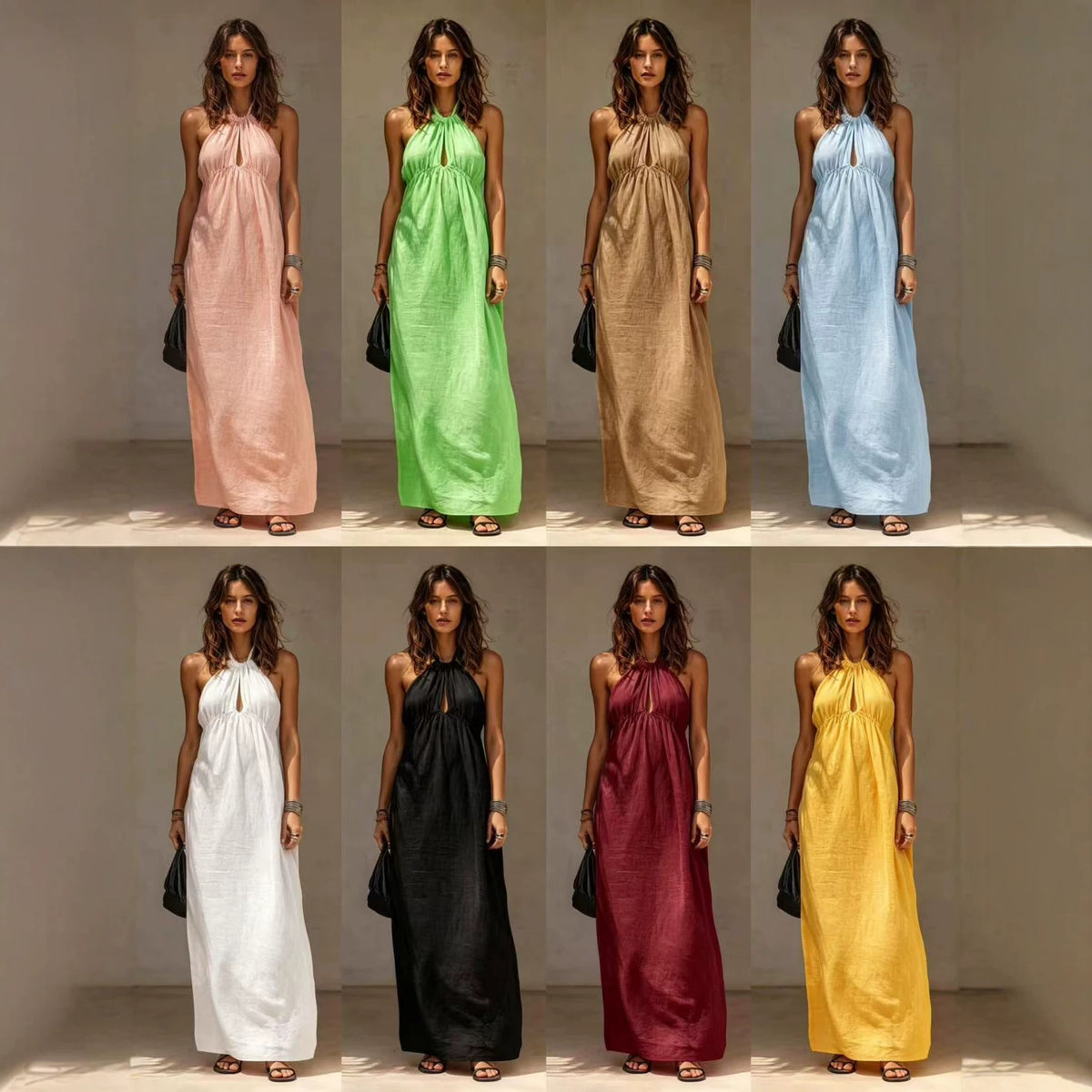 Womens Solid-color Long Halter-neck Dress – Premium 0 | RICALOUX
