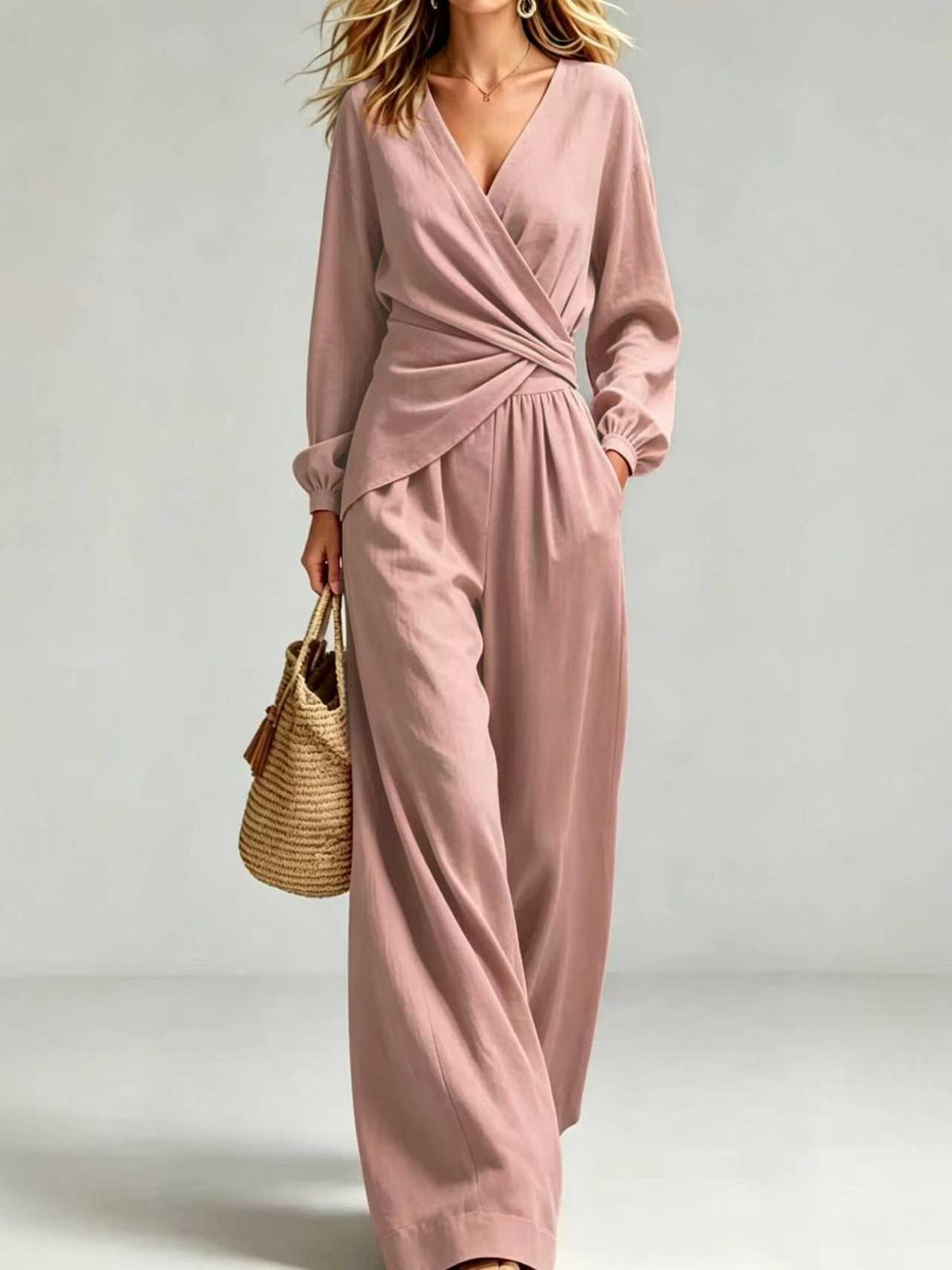 Women's 2-Piece Outfit - V-Neck Long Sleeve Wrap Blouse & Wide Leg Pants Set, Elegant Casual Pocketed Matching Set – Premium 4 | RICALOUX