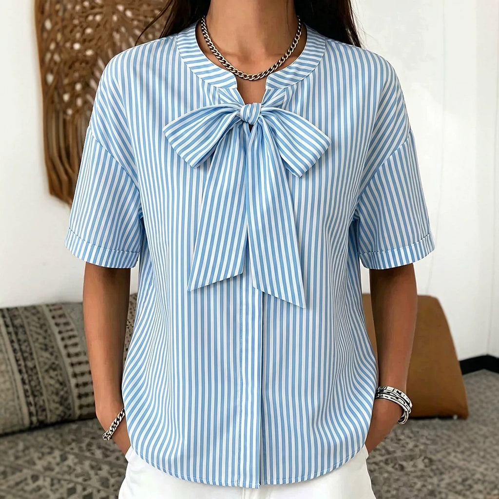 Simple Striped Casual Short-sleeve Shirt With A Bow Tie by Ricaloux