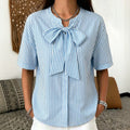 Simple Striped Casual Short-sleeve Shirt With A Bow Tie by Ricaloux