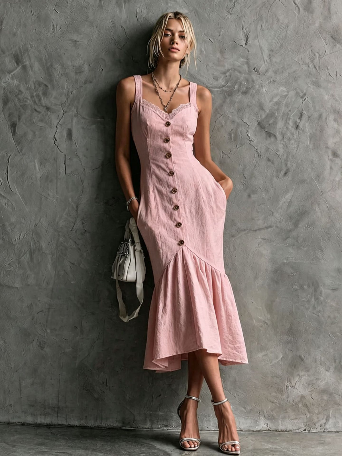 Womens Lace-Trimmed Buttoned Strap Fishtail Long Dress by Ricaloux