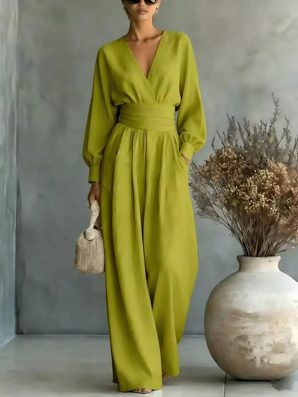Fitted-waist V-neck Long-sleeve Womens Solid-color Jumpsuit – Premium 0 | RICALOUX