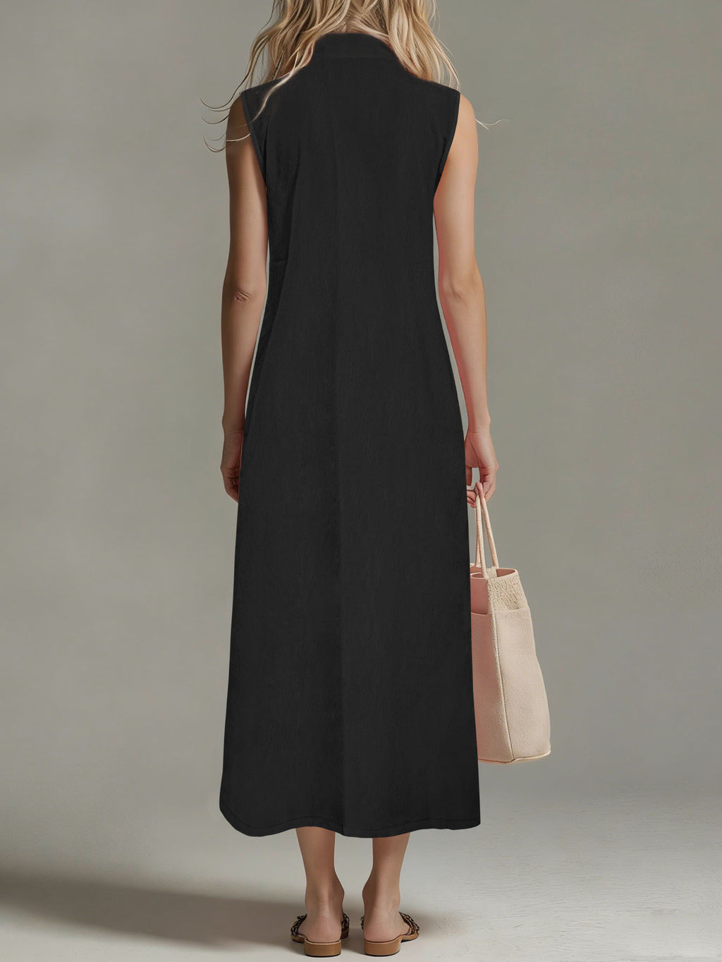 Women's Sleeveless Zip Front Maxi Dress Stand Collar Split Hem Casual Long Dress For Summer by Ricaloux