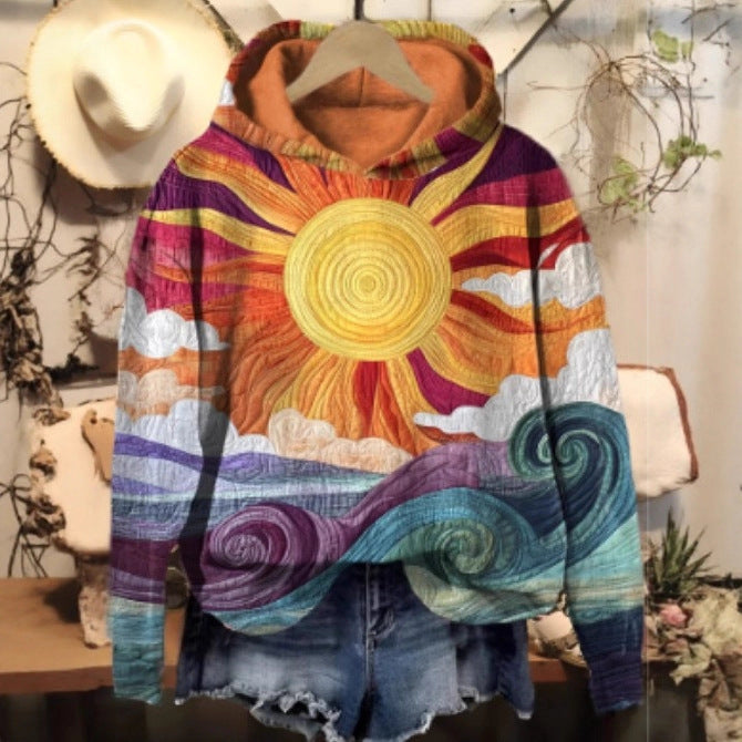 Womens Crew-Neck Pullover Casual Sweatshirt With 3D Hooded Print by Ricaloux