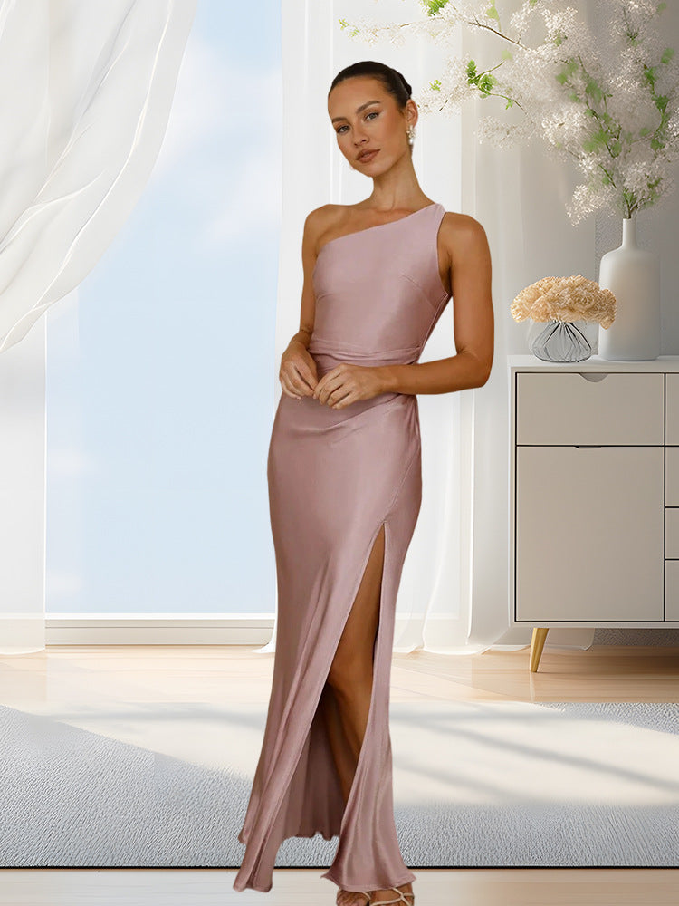 Irregularly Slit Solid-Color Long Dress by Ricaloux