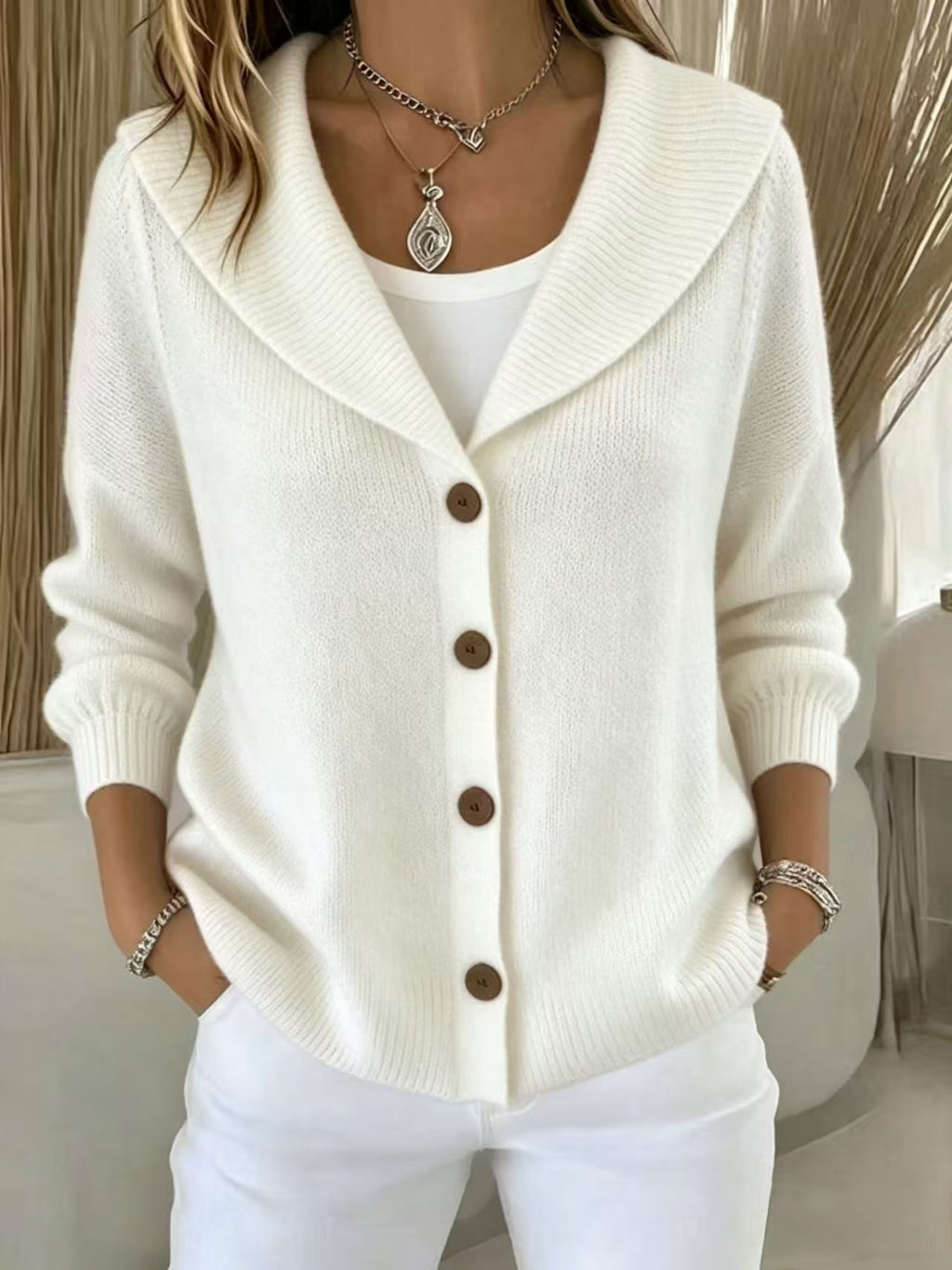 Womens Knitted Button-up Polo-neck Sweater by Ricaloux