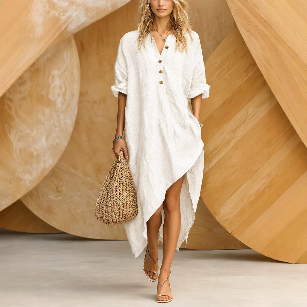 Womens Fashion Casual Buttoned Half-sleeve Asymmetrical-hem Midi Dress by Ricaloux
