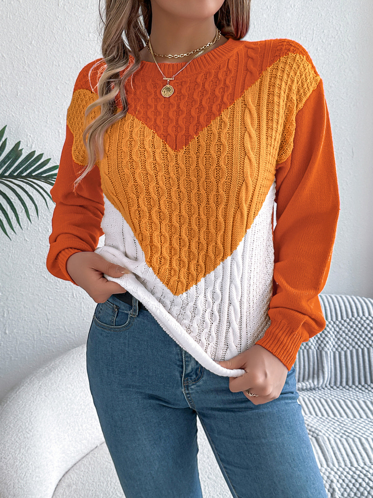 Color Matching Twist Lantern Sleeve Pullover Sweaters Women's Clothing - RICALOUX